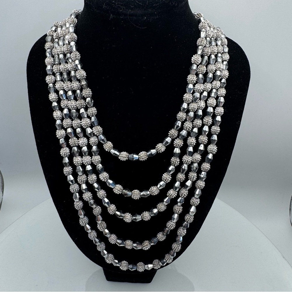 Vintage Trifari Silver-Tone Multi-Strand Beaded Statement Necklace –1970s–1980s